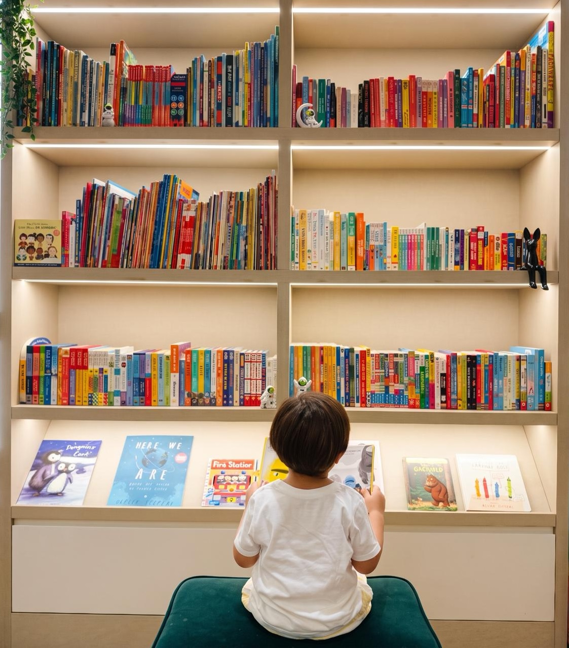 A child reading in front of a bookshelf full of books